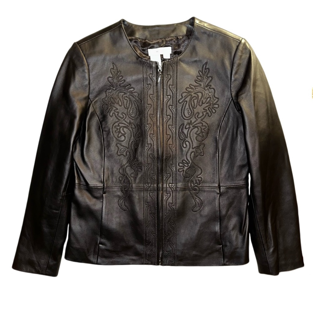 Vintage Coldwater Creek Black Leather Jacket Embroidered Whimsigoth Boho Size M